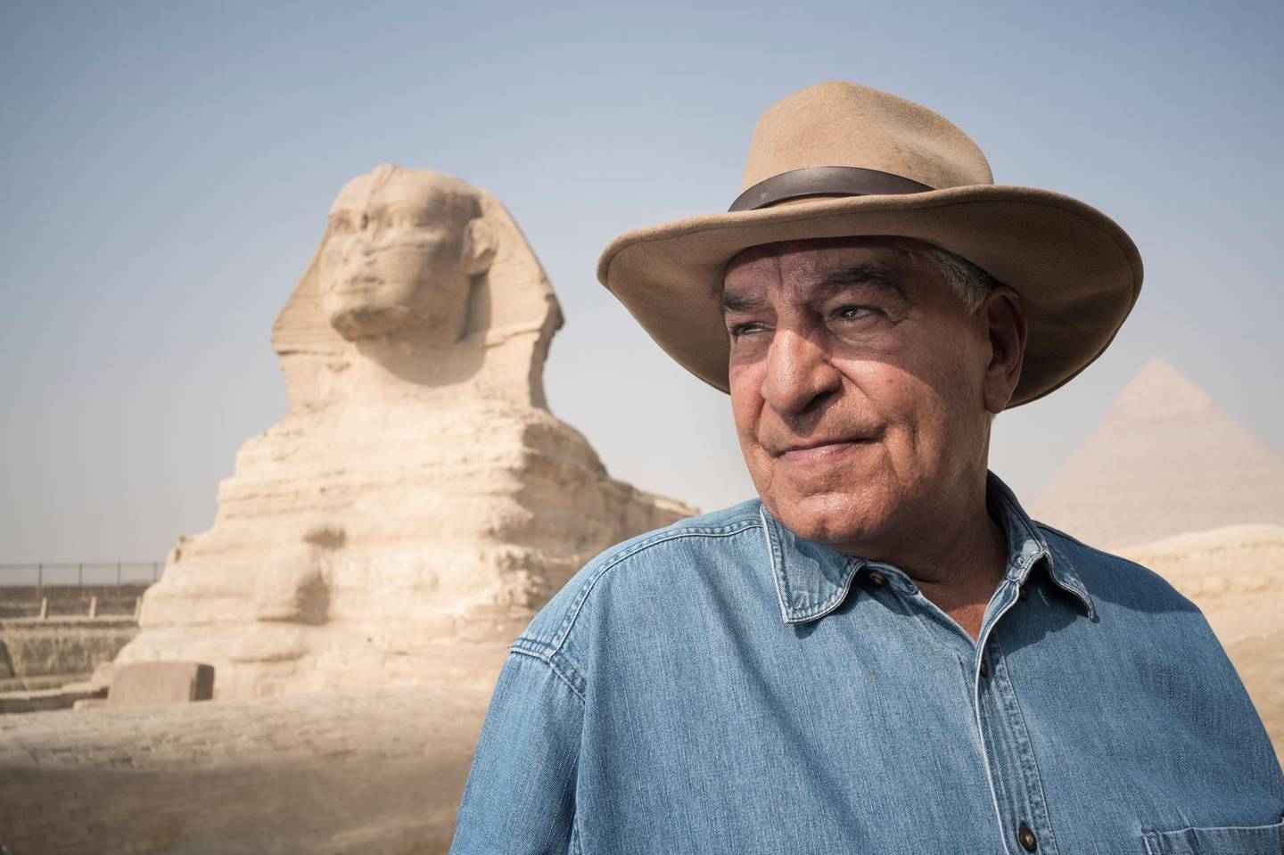 CAIRO, EGYPT - September 20: Portrait of Dr. Zahi Hawass in front of the Sphinx and Pyramids of Giza on September 20, 2016 in  Cairo,  Egypt. Zahi Hawass is an Egyptian archaeologist, an Egyptologist, and former Minister of State for Antiquities Affairs. He has also worked at archaeological sites in the Nile Delta, the Western Desert, and the Upper Nile Valley. (Photo by David Degner/Getty Images)