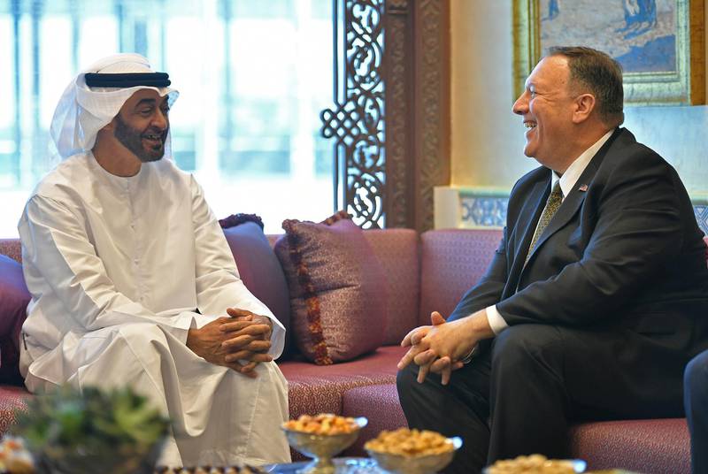 U.S. Secretary of State Mike Pompeo takes part in a meeting with Abu Dhabi Crown Prince Mohammed bin Zayed al-Nahyan in Abu Dhabi, United Arab Emirates September 19, 2019. Mandel Ngan/Pool via REUTERS