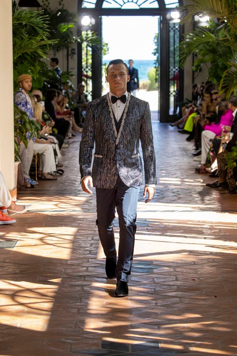 This Alta Sartoria tuxedo jacket arrived collarless and covered in Matrix-style vertical lines of beading