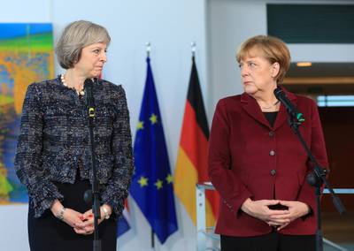 Theresa May and Angela Merkel pause during a news conference at the Chancellery in Berlin, Germany, November 18, 2016. Bloomberg