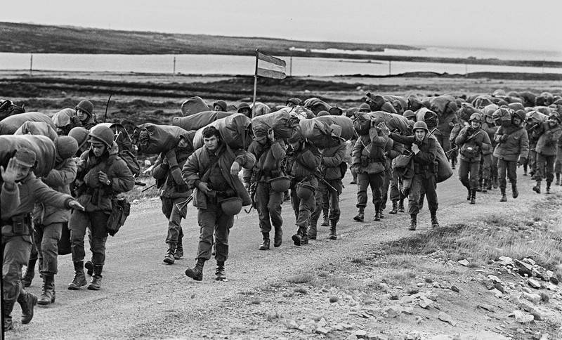 Argentinian soldiers march during the Falklands War in 1982. AFP
