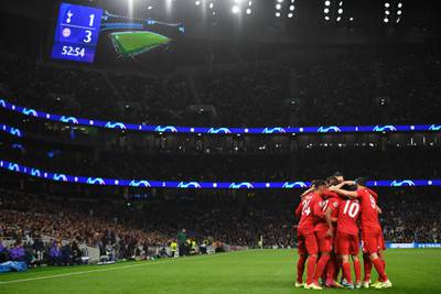 Bayern Munich winger Serge Gnabry celebrates with teammates after scoring their third goal in a 7-2 win over Tottenham Hotspur in their Champions League group match. AFP