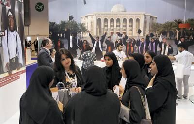 The American University of Sharjah stand was popular during the Najah education fair in Abu Dhabi. Pawan Singh / The National