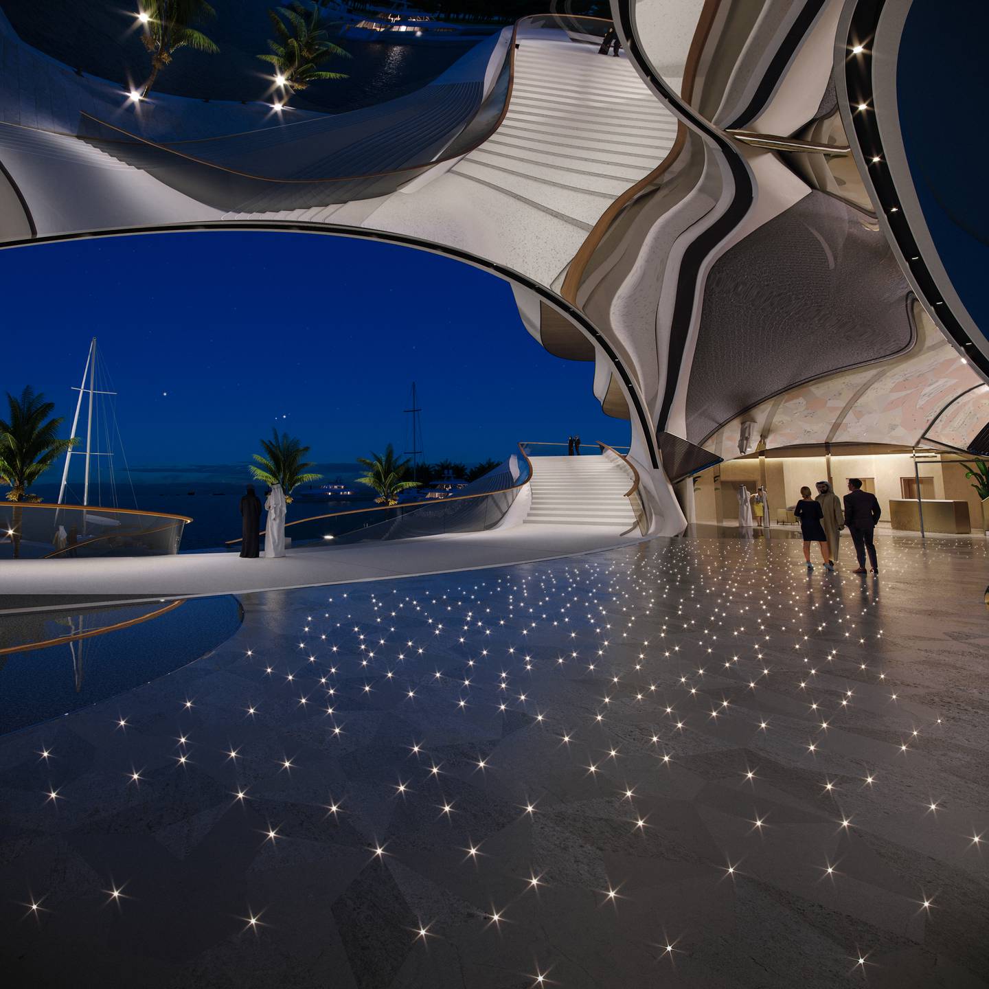 The entrance features a mirrored vaulted ceiling over a star-lit floor. Photo: Amaala