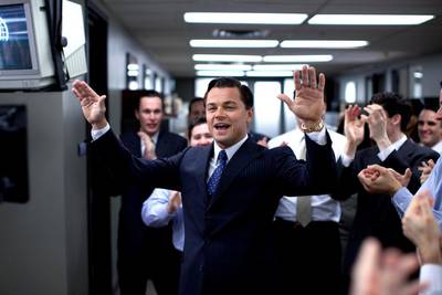 Leonardo DiCaprio as the scamming stockbroker Jordan Belfort in The Wolf of Wall Street. Courtesy Paramount Pictures

