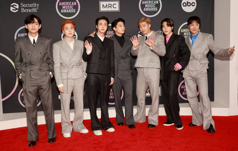 V, Suga, Jin, Jungkook, RM, Jimin and J-Hope of BTS arrive at the 2021 American Music Awards at the Microsoft Theater in Los Angeles, California on November 21, 2021. Reuters
