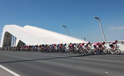 The pack ride during the seventh stage of the UAE Tour from Yas Mall to Abu Dhabi Breakwater. AFP