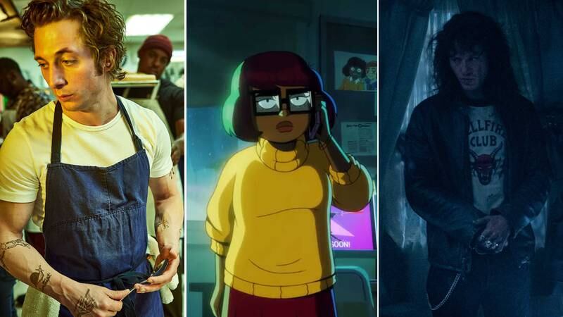 Super-easy costumes to create include Carmen 'Carmy' Berzatto from 'The Bear'; Velma from 'Scooby-Doo' and Eddie Munson from 'Stranger Things'. Photo: Disney+, Warner Bros Pictures, Netflix