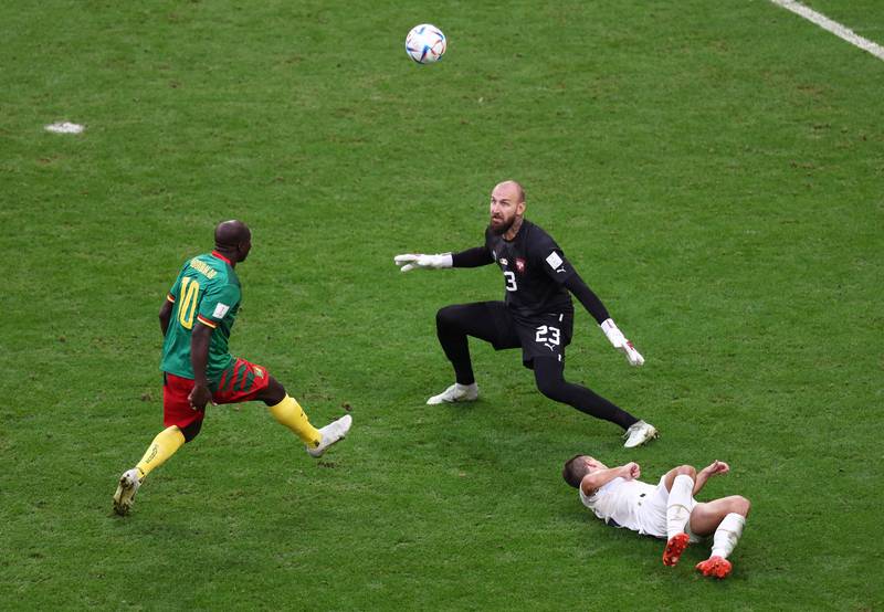 Cameroon's Vincent Aboubakar scores their second goal. Reuters