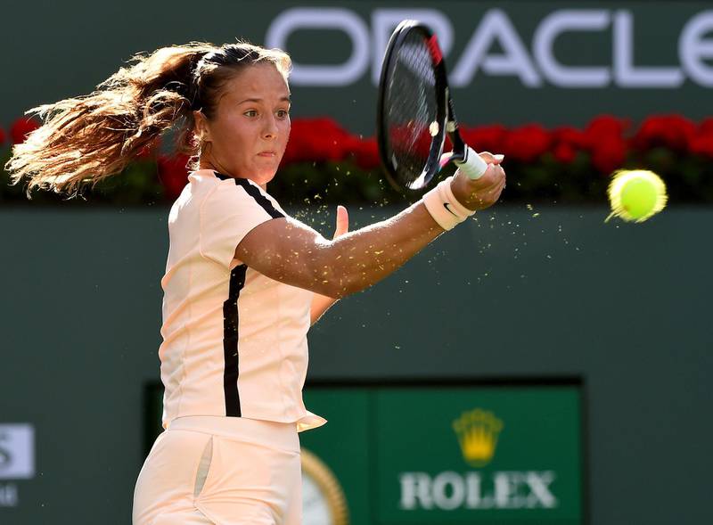 Mar 12, 2018; Indian Wells, CA, USA;  Daria Kasatkina (RUS) during her third round match against Sloane Stephens (not pictured) BNP Paribas Open at the Indian Wells Tennis Garden. Mandatory Credit: Jayne Kamin-Oncea-USA TODAY Sports