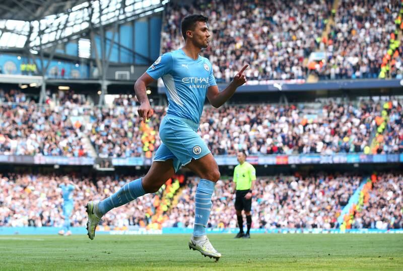 Rodri celebrates after scoring for Manchester City. Getty