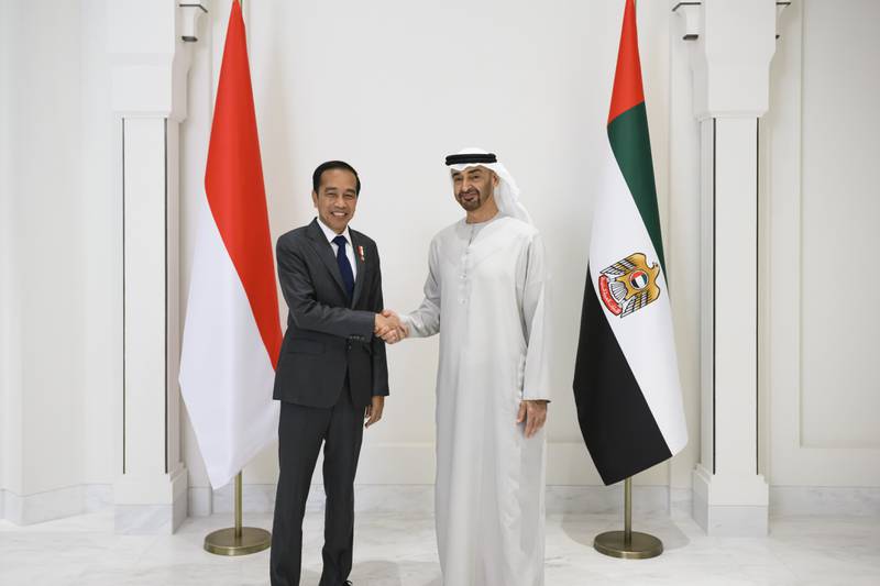 President Sheikh Mohamed and Indonesia's President Joko Widodo at the signing of the Comprehensive Economic Partnership Agreement and other bilateral agreements between the UAE and Indonesia, at Al Shati Palace, Abu Dhabi. All photos: Ministry of Presidential Affairs