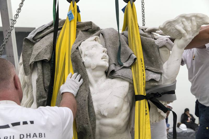 Abu Dhabi, United Arab Emirates, September 12, 2017:    Installation of the, Apollo's horses groomed by two tritons, Gilles Gu��rin, c.1670, statue at the Louvre Abu Dhabi on Saadiyat Island in Abu Dhabi on September 12, 2017. Christopher Pike / The NationalReporter: Nick LeechSection: News