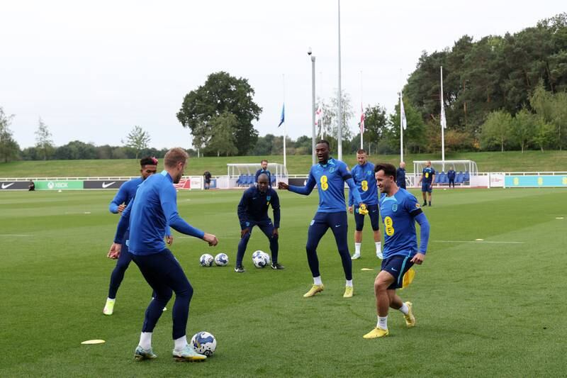 Reece James, Eric Dier, Tammy Abraham and Ben Chilwell take part in England's training session. Getty