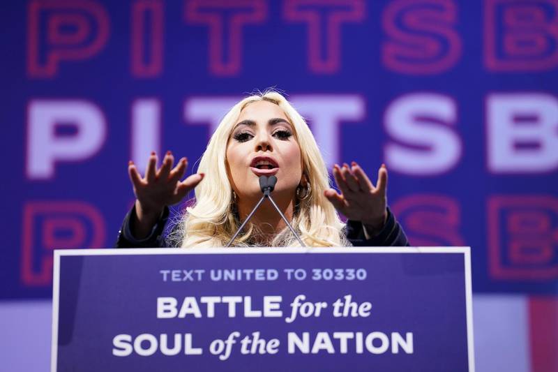 Lady Gaga speaks during a drive-in campaign rally held by former Vice President Joe Biden at Heinz Field in Pittsburgh, Pennsylvania, November 2, 2020. Reuters