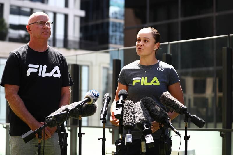Ashleigh Barty and coach Craig Tyzzer speak during a press conference in Brisbane. Getty