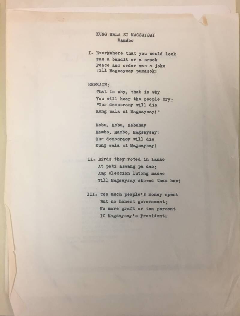 The lyrics to the song 'Mambo Magsaysay'. Photo: Hoover Institution Library & Archives
