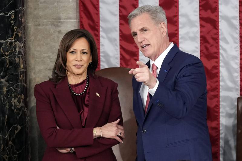 Ms Harris and Mr McCarthy at the dais of House of Representatives before the speech. AP