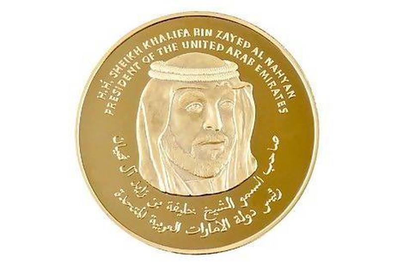 The 24 carat, five-ounce coin, minted in Switzerland, is adorned with the face of President Sheikh Khalifa, President of the UAE, on one side, and an image of the Burj Khalifa on the other.