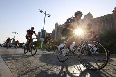 Cyclists embark on the 65km Ride For Roy, a charity ride for the Roy Nasr Memorial Fund, starting and ending at Atlantis the Palm in Dubai. Sarah Dea/The National