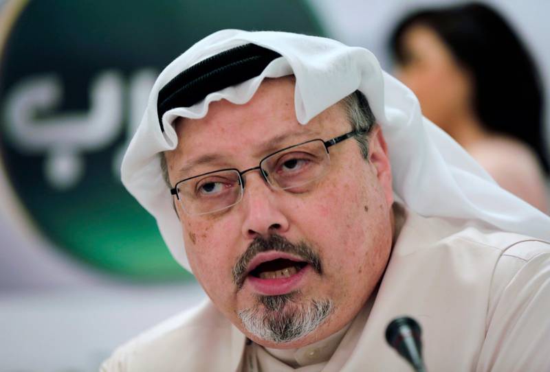 FILE - In this Dec. 15, 2014 file photo, Saudi journalist Jamal Khashoggi speaks during a press conference in Manama, Bahrain.  Briarcliff Entertainment said Wednesday, Sept. 2, 2020, that it has acquired â€œThe Dissidentâ€ a documentary about the murdered journalist and will release it theatrically and via on-demand in late 2020 to coincide with the second anniversary of Khashoggiâ€™s death. (AP Photo/Hasan Jamali, File)