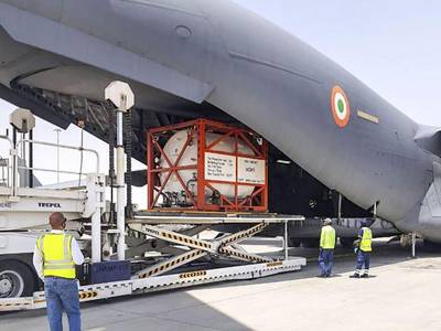 The Indian Air Force transported oxygen containers from Dubai to India for use in hospitals. PTI