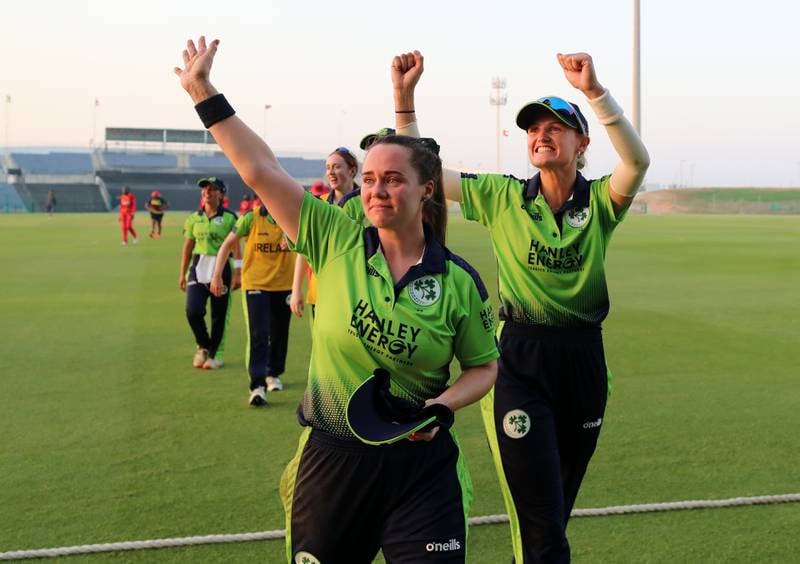 Ireland celebrate winning the match and qualifying for the  Women's T20 World Cup.