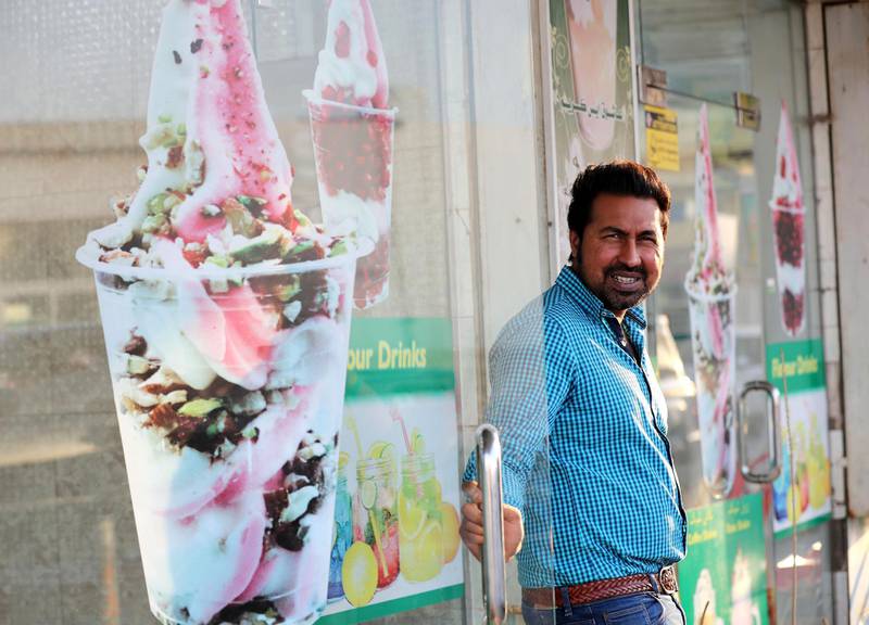 Ras Al Khaimah, United Arab Emirates - April 19th, 2018: Bilal Ashiq outside Ashuk ice cream. Thursday, April 19th, 2018 in Ras Al Khaimah. Chris Whiteoak / The National