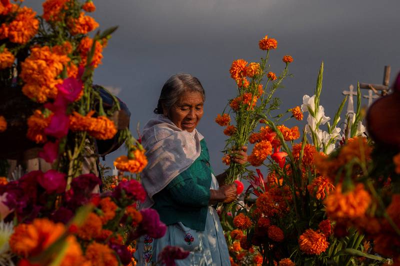 An indigenous woman decorates the grave of a loved one with cempasuchil (marigolds) at a cemetery during the annual Day of the Dead celebration in San Miguel Canoa, Puebla state, Mexico. Reuters