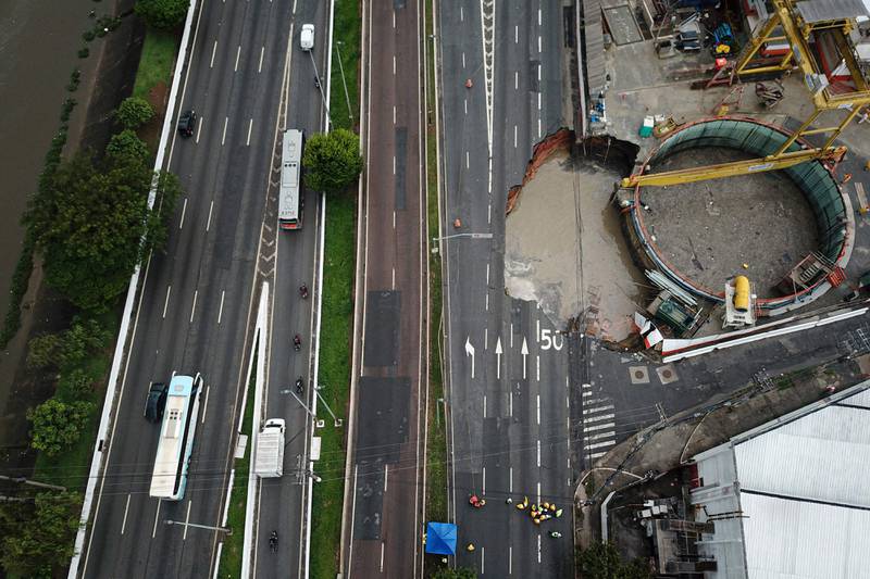 An aerial view of the crater that opened on a major road in Sao Paulo, Brazil, when a Metro tunnel collapsed during construction. There were no casualties. AFP