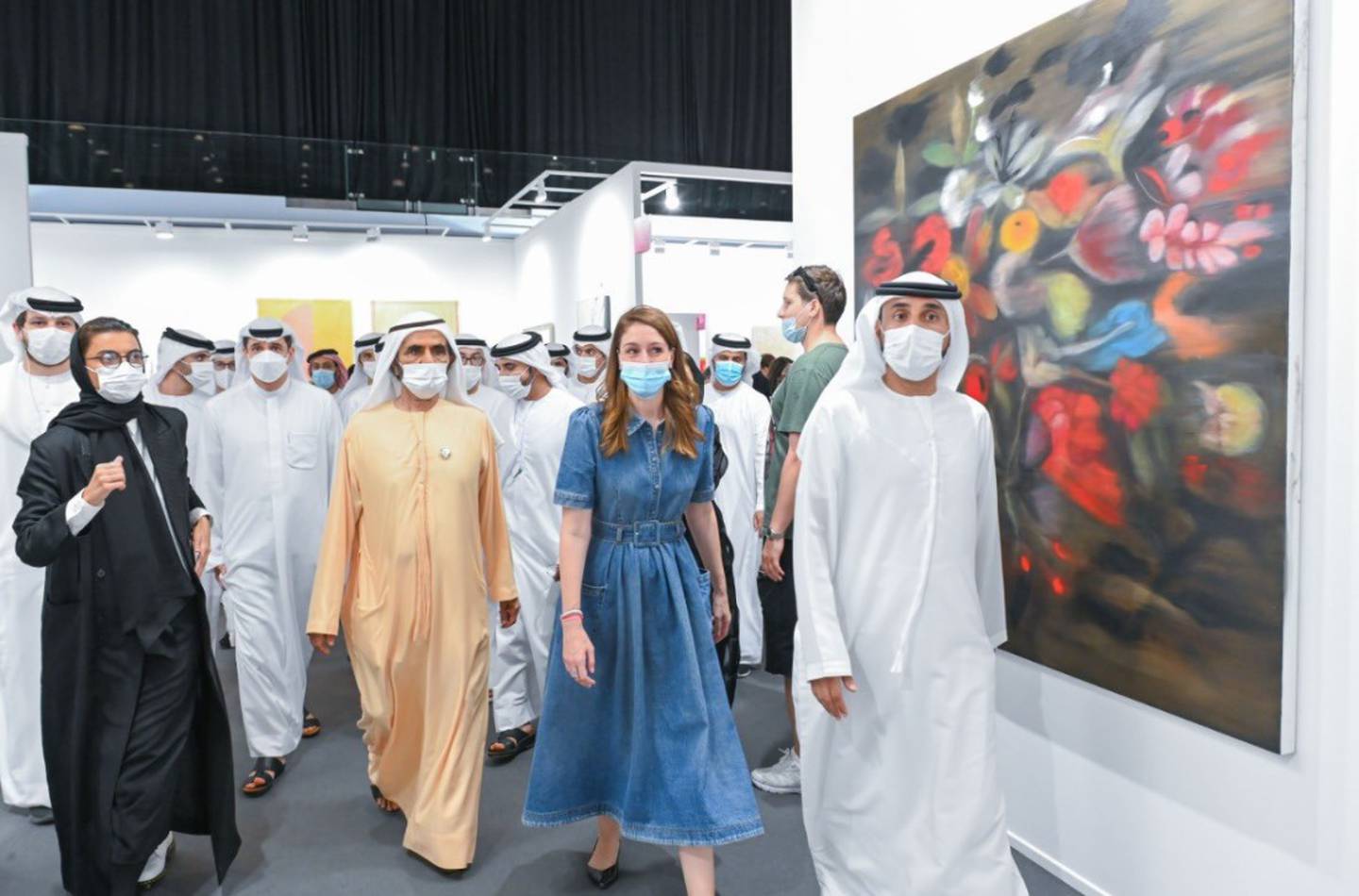 Sheikh Mohammed bin Rashid, Vice President and Ruler of Dubai, attended the official opening of Art Dubai on Friday, accompanied by Noura Al Kaabi, Minister of Culture and Youth, and led through the fair by Benedetta Ghione, executive director of Art Dubai. Photo: Dubai Media Office
