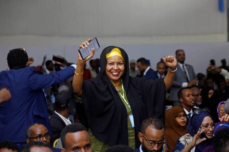 A Somali lawmaker celebrates at Aden Adde International Airport in Mogadishu on April 28 following the election of a new speaker of the lower house of parliament. Reuters
