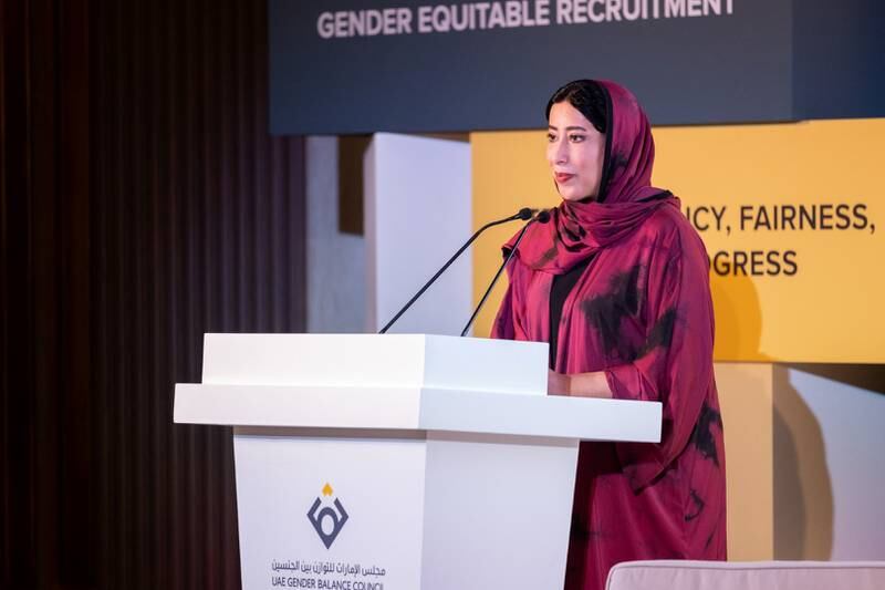 Eighteen leading companies have pledged to accelerate the achievement of gender equality and empower women in the workplace. Mona Al Marri, vice president of the UAE Gender Balance Council, gives a speech at the launch of the initiative.