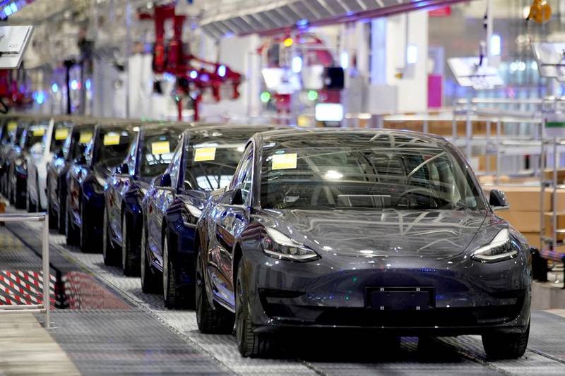 Chinese-made Tesla Model 3 vehicles at the electric car maker's factory in Shanghai. Reuters