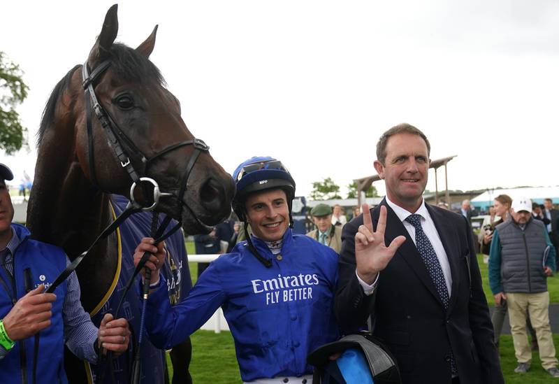 Trainer Charlie Appleby (right), jockey William Buick and Native Trail in the parade ring after winning The Irish 2,000 Guineas at Curragh racecourse in County Kildare, Ireland, on May 21. PA