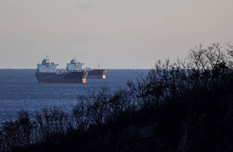Crude oil tankers lie at anchor in Nakhodka Bay off the south-eastern coast of Russia. Reuters