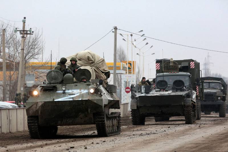 Russian military vehicles in Armyansk, Crimea, on Friday, February 25, 2022. AFP