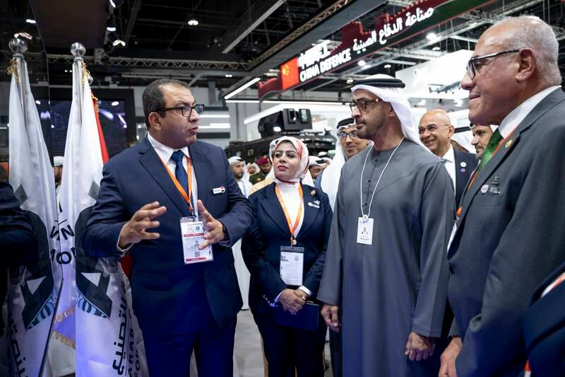 Sheikh Mohamed listens to a presentation at Idex 