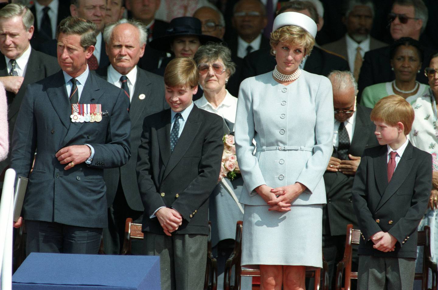 From left: Prince Charles, Prince William, Princess Diana and Prince Harry attend the Heads of State ceremony in Hyde Park to commemorate the 50th Anniversary of VE Day in London May 7, 1995. Reuters 