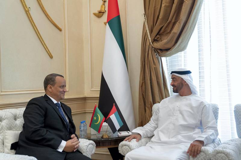ABU DHABI, UNITED ARAB EMIRATES - September 09, 2019: ABU DHABI, UNITED ARAB EMIRATES - September 09, 2019: HH Sheikh Mohamed bin Zayed Al Nahyan, Crown Prince of Abu Dhabi and Deputy Supreme Commander of the UAE Armed Forces (R), meets with HE Ismail Ould Cheikh Ahmed, Minister of Foreign Affairs of Mauritania (L), during a Sea Palace barza.

( Mohamed Al Hammadi / Ministry of Presidential Affairs )
---