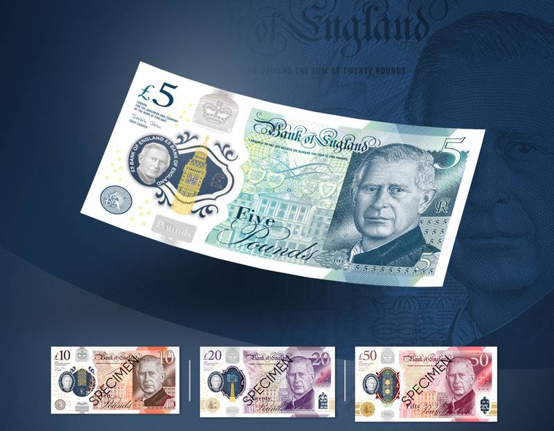 The new £5, £10, £20 and £50 polymer plastic notes featuring King Charles III. AFP
