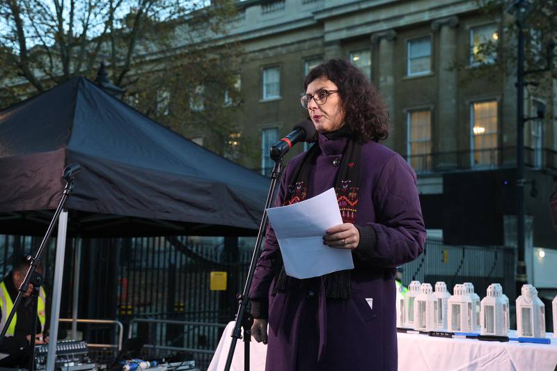 MP Layla Moran speaking at a vigil for civilians in Israel and Palestine. Photo: Together