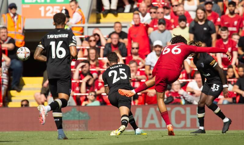 Liverpool's Trent Alexander-Arnold scores the third goal  against Bournemouth. EPA