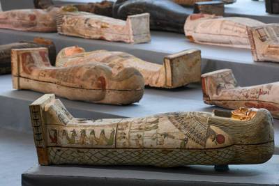 Wooden sarcophagi on display during the unveiling of an ancient treasure trove of more than a 100 intact sarcophagi. AFP