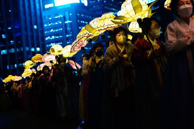 South Korean Buddhists gather for a lamp-lighting ceremony outside Seoul City Hall. EPA