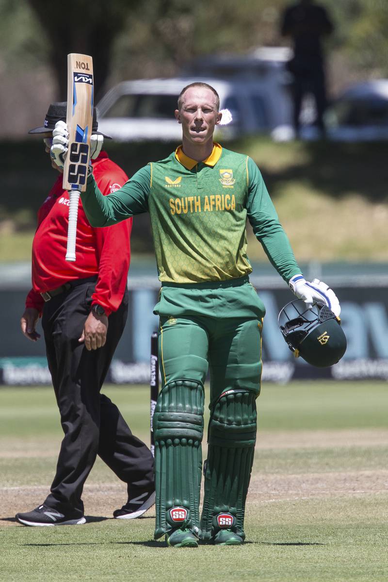 South African batsman Rassie van Der Dussen celebrates his hundred. AP