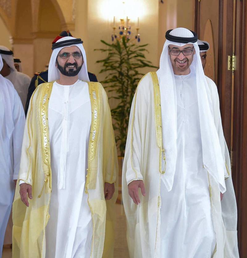 Sheikh Mohammed bin Rashid, Vice President and Ruler of Dubai, and Sheikh Mohamed bin Zayed, Crown Prince of Abu Dhabi and Deputy Supreme Commander of the Armed Forces, pictured prior to the Covid-19 outbreak. Courtesy: Dubai Media Office 