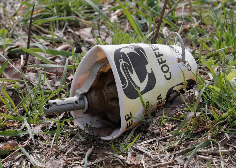 A booby trap found by locals near their home in the village of Zalissya village, Ukraine, on April 12. EPA