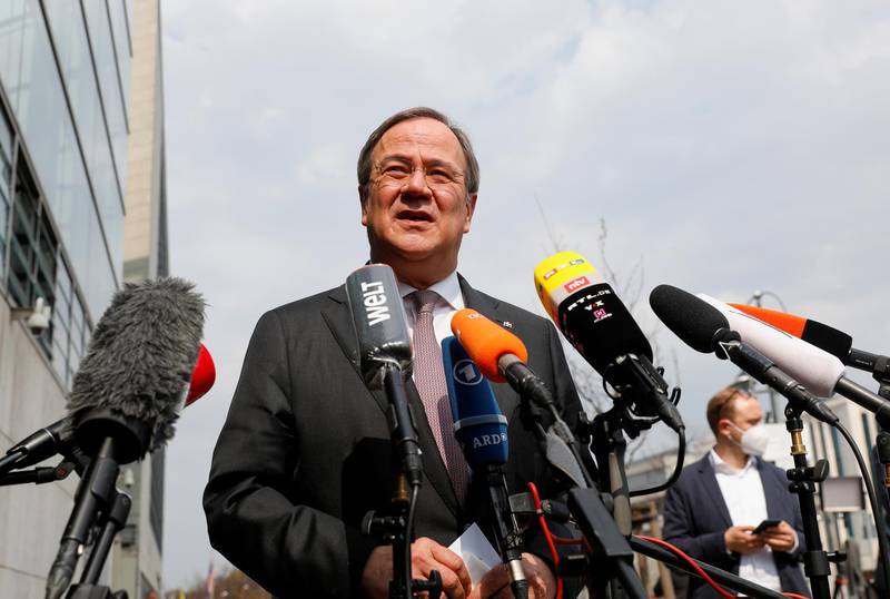 FILE PHOTO: North Rhine-Westphalia's State Premier and head of Germany's conservative Christian Democratic Union (CDU) party Armin Laschet speaks to journalists after meetings at the CDU headquarters in Berlin, Germany, April 19, 2021. REUTERS/Michele Tantussi/File Photo