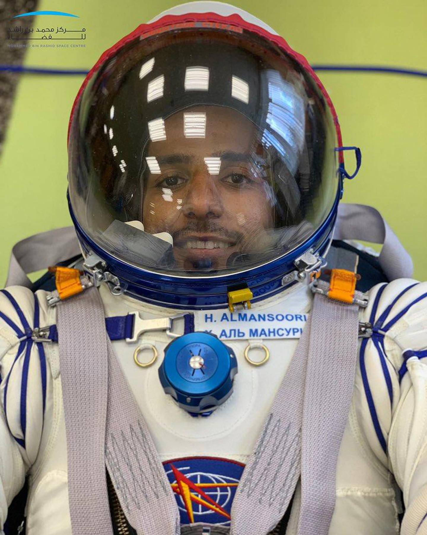 Hazza Al Mansouri tries on his Sokol space suit in Moscow, Russia. Courtesy Mohammed bin Rashid Space Centre